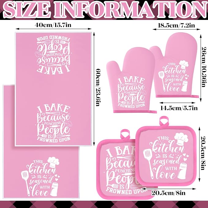 Sratte 6 Pcs Kitchen Decor Accessories Set, Kitchen, Light Pink | Farmhouse Kitchen Towels Pot Holders Oven Mitts Set 2 Dish Towels 2 Potholders 2 Cooking Mittens for Baking Cooking Supply