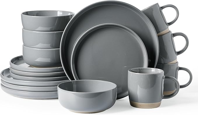 Famiware Milkyway 16-Piece Dinnerware Set with Mugs, Dark Gray | Stoneware Plates and Bowls for 4, Dishes Set for Everyday/Formal Use, Microwave/Dishwasher Safe, Chip/Scratch Resistant