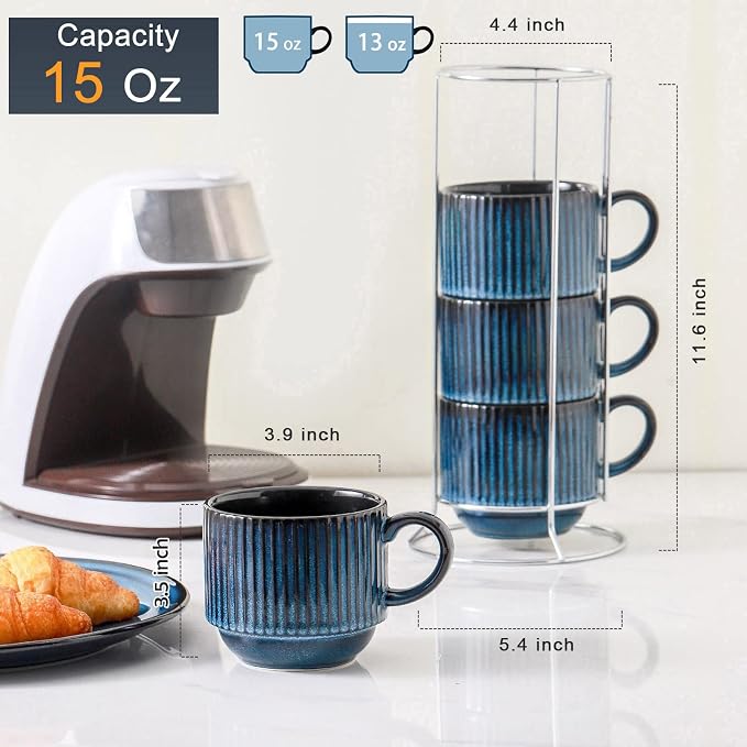 HASENSE 15 Oz Ribbed Stackable Coffee Mug Set of 4, Ceramic Latte Cups with Metal Stand, Dishwasher & Microwave Safe, Navy Blue for Cappuccino Tea Hot Cocoa