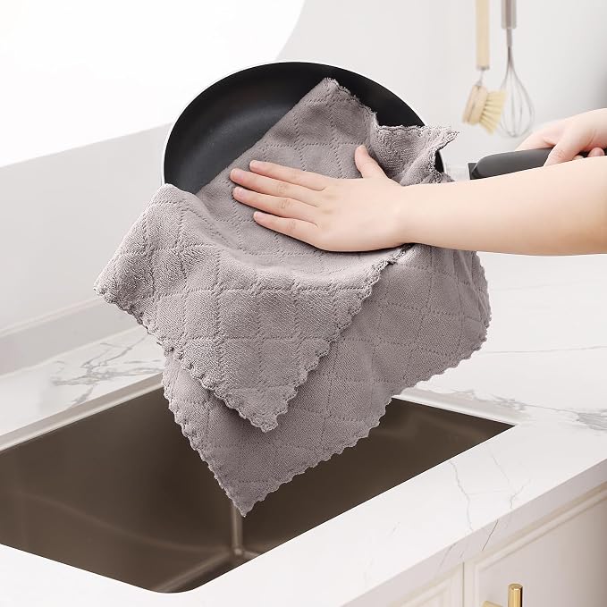 Homaxy 12 Pack Super Soft Absorbent Dish Towels, 10" x 20", Grey | Coral Velvet, Nonstick Oil Fast Drying Microfiber Cleaning Cloth, No Lint Dishcloths for washing and drying