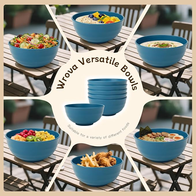 Big Salad Bowls for Kitchen, Premium 60oz Wheat Straw Bowls Set of 6, Unbreakable Cereal Bowls Popcorn Bowls Reusable, Microwave Safe Salad Bowls Large Serving for Fruit,Rice and Oatmeal- Blue