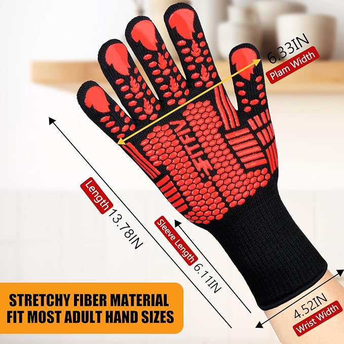BBQ Gloves, 1472°F Heat Resistant with Silicone Grip Oven Mitts | Non-Slip Grip, for BBQ, Grilling, Oven, Smoker, Cooking and Baking