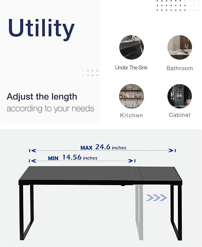 Nxconsu Expandable Cabinet Shelf, Shelf Riser for Cabinets, 10" Black | Edgeless Metal Cabinet Riser Holds 50 lb and Expands 14.6 to 24.6 in for Under Sink Kitchen Pantry Cupboard Shelf