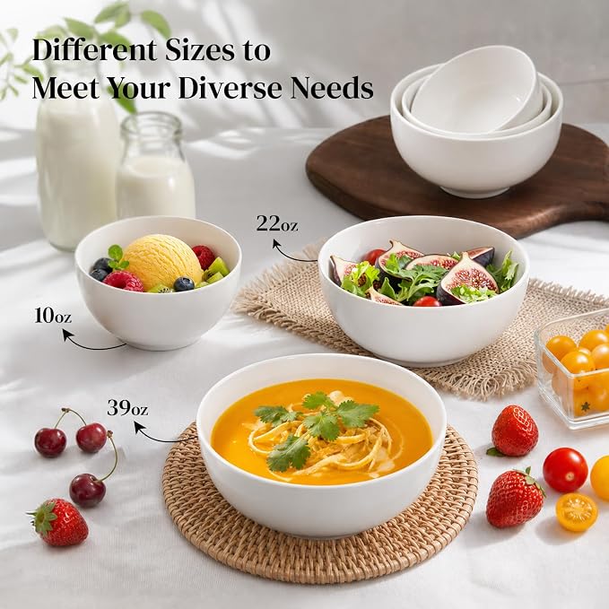 DOWAN 22 OZ White Ceramic Bowls Set of 6 - Perfect for Soup Bowls for Kitchen, Cereal Bowl, Ramen Bowl, Dishwasher & Microwave Safe