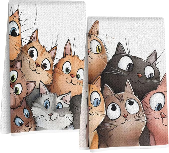 Jztco 2 Pcs Cute Cat Kitchen Towels, Cats Gifts Soft Absorbent Hand Towels | Cat Lover Gifts for Women Mom Dish Cloths for Drying Dishes, Waffle Dish Towels for Kitchen Home Bathroom Decor