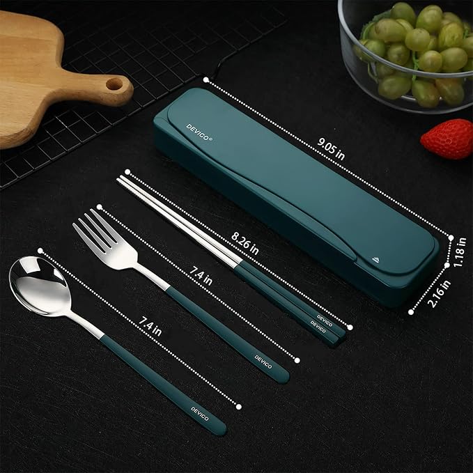 DEVICO Travel Utensils with Case, 4Pcs Portable Silverware Set for Work, 18/8 Stainless Steel Reusable Cutlery, Korean Spoon and Chopsticks Fork for Camping, School, Lunch Box Accessories (Dark Green)