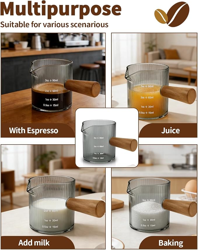 Espresso Measuring Cup 3 Oz, Espresso Glass Cups with Wood Handle, Milk Frothing Cup, Espresso Cup for Coffee, Milk, Tea or Maple Syrup Serving (Gray, 3 oz)