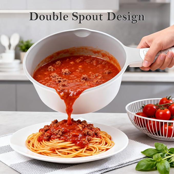 AIKENBBKK Small Sauce Pan with Lid, 1.5 Qt Ceramic Saucepan with Lid, Non Stick Sauce Pan, Milk Pot & Sauce Pot & Saucepan with Pour Spout, Detachable Handle Milk Pan, Induction Compatible, White