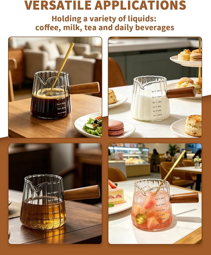 2 Pack Espresso Measuring Cups & 2 Spoons, 6oz Gray & Clear Borosilicate Glass Cups with Wood Handle, V-Shaped Spout Ribbed Milk Frothing Cup for Coffee, Latte, Cappuccino, Tea