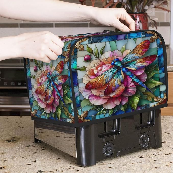 2 Slice Toaster Cover Dragonfly Flower Glass Toaster Covers Two Slice Wide Slot Waterproof and Dustproof Covers for Wide Slot Toasters and Small Appliances Kitchen Decor Gifts