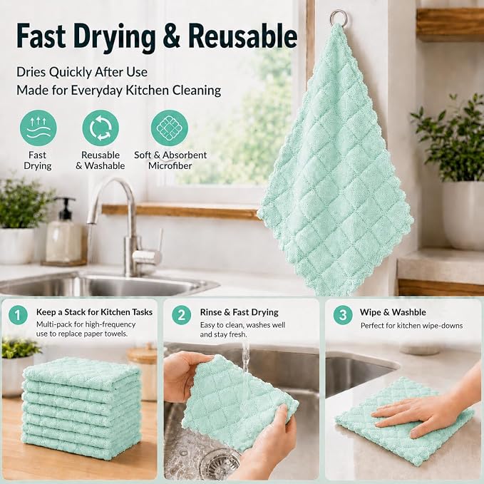 kimteny 12 Pack Dish Cloths for Washing Dishes | Super Absorbent Microfiber Kitchen Dish Rags, Fast Drying Coral Velvet Dish Cloths for Kitchen Counter and Dishes, Green-Grey