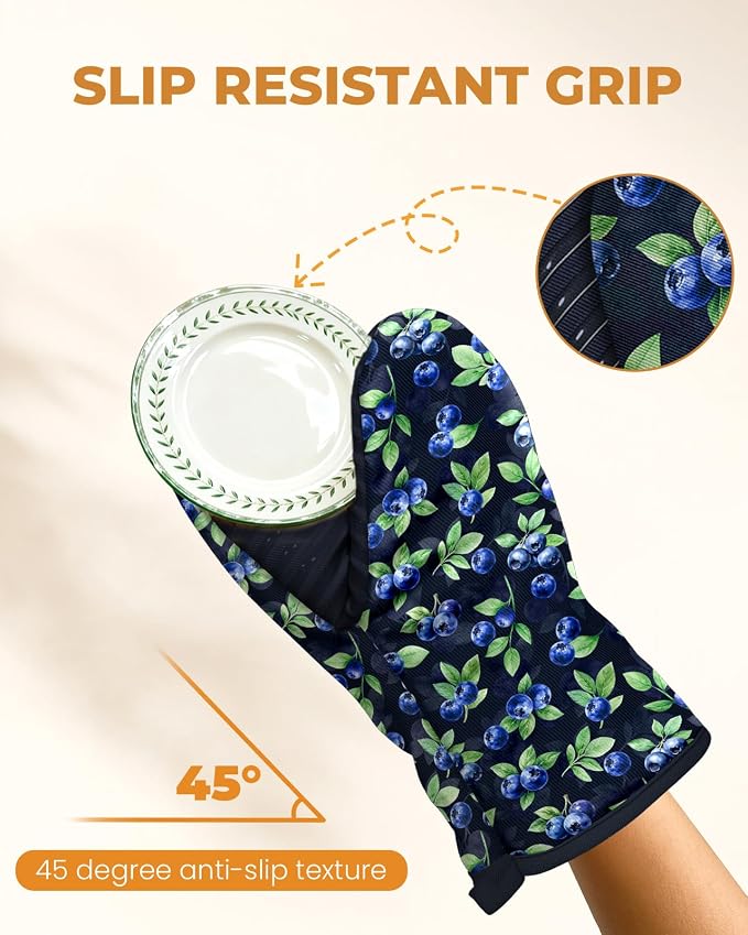 100% Thick Cotton Mini Oven Mitts Silicone Grip Blueberry | Elegant Classic Oven Mitts for Women, Machine Washable, Non-Slip, Reversible Design Fits Both Hands, Stylish Kitchen Decor