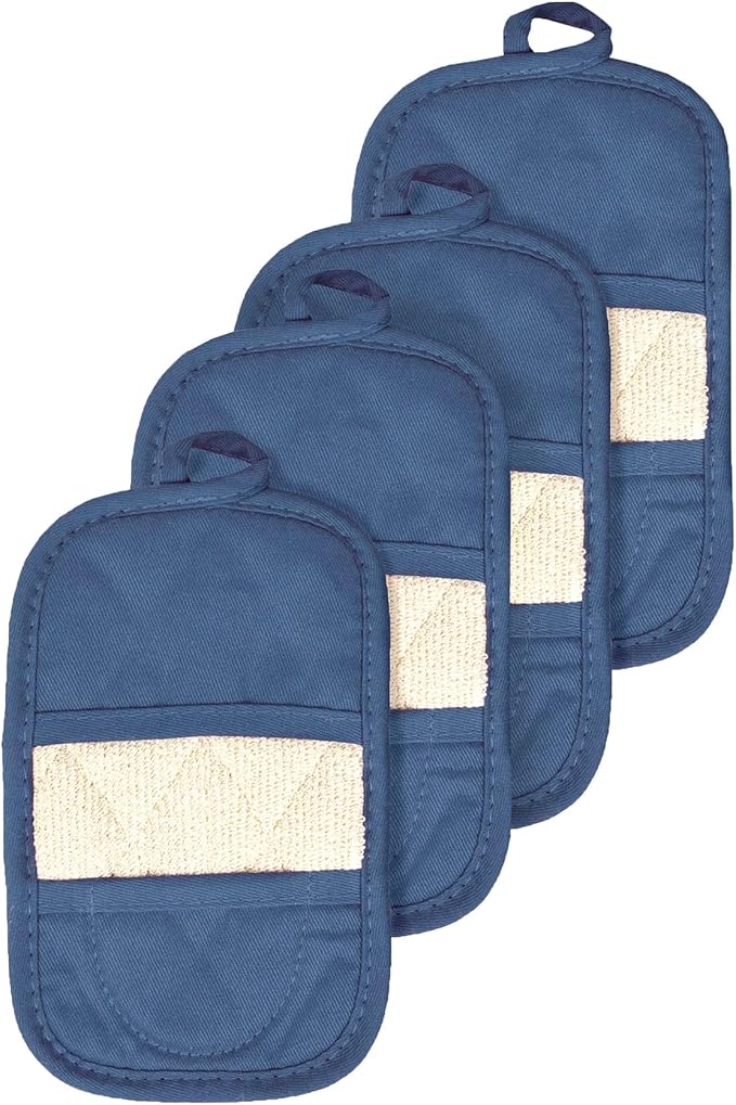 RITZ Premium Pot Holders & Heating Pads (4-Pack), 8.5" x 5.5", Heat Resistant, 100% Cotton Terry-Looped Pocket, Kitchen and Barbeque, Federal Blue