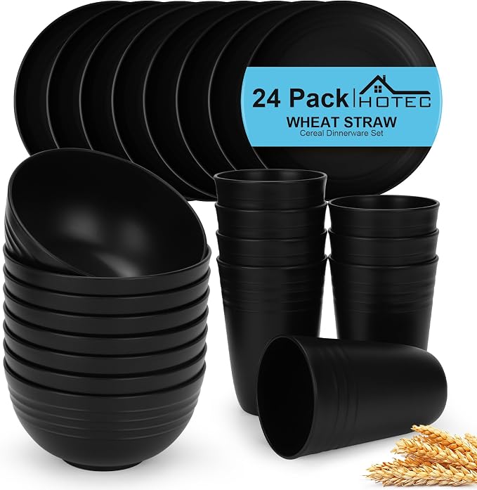 HOTEC 24-Pack Unbreakable Kitchen Plastic Wheat Straw Dinnerware Set – BPA-Free Plates, Bowls & Cups | Lightweight, Microwave & Dishwasher Safe | Black Reusable Tableware for Home & Outdoor Use