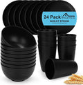 HOTEC 24-Pack Unbreakable Kitchen Plastic Wheat Straw Dinnerware Set – BPA-Free Plates, Bowls & Cups | Lightweight, Microwave & Dishwasher Safe | Black Reusable Tableware for Home & Outdoor Use