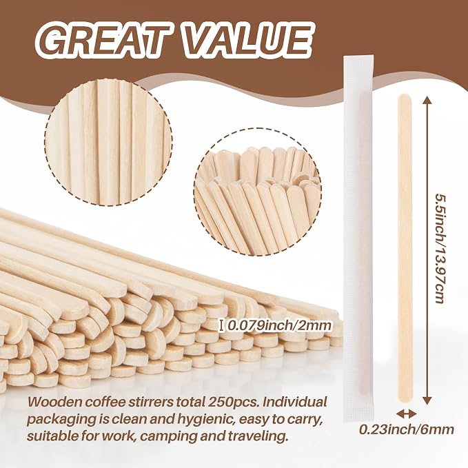 MAQIHAN 250PCS Wooden Coffee Stirrers - Individually Wrapped Stir Sticks | 5.5 Inch Disposable Wooden Stir Sticks For Hot And Cold Drinks, Coffee Accessories For Home Office And Cafe Use