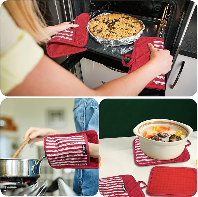 Alselo Silicone Pot Holders Set of 3 Heat Resistant & Non Slip Potholders | Professional Oven Hot Pads with Pockets Mitts for Kitchen Cooking Baking Barbecue (Red, 3)