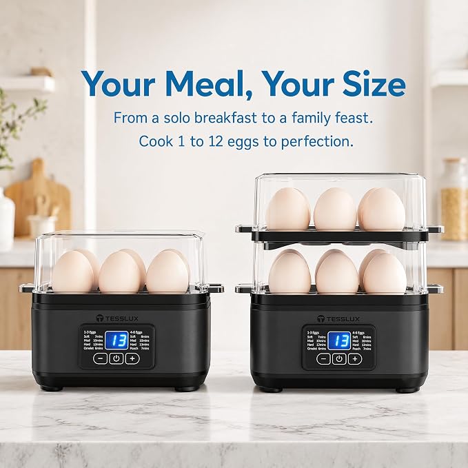 Tesslux Egg Cooker, Dual Layer 12 Egg Boiler, Soft Hard Poached, Black | LED Countdown Timer, Touch Control, Poaching Bowl, Omelet Maker, Two Trays, Vegetable Steamer, Auto Shut-Off, Buzzer Alert
