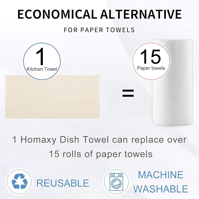 Homaxy Kitchen Towels and Dishcloths Set, Set of 8, Beige | Bulk Cotton Terry Kitchen Towels, Checkered Designed, Soft and Super Absorbent Dish Towels, 12 x 12 and 13 x 28 Inches