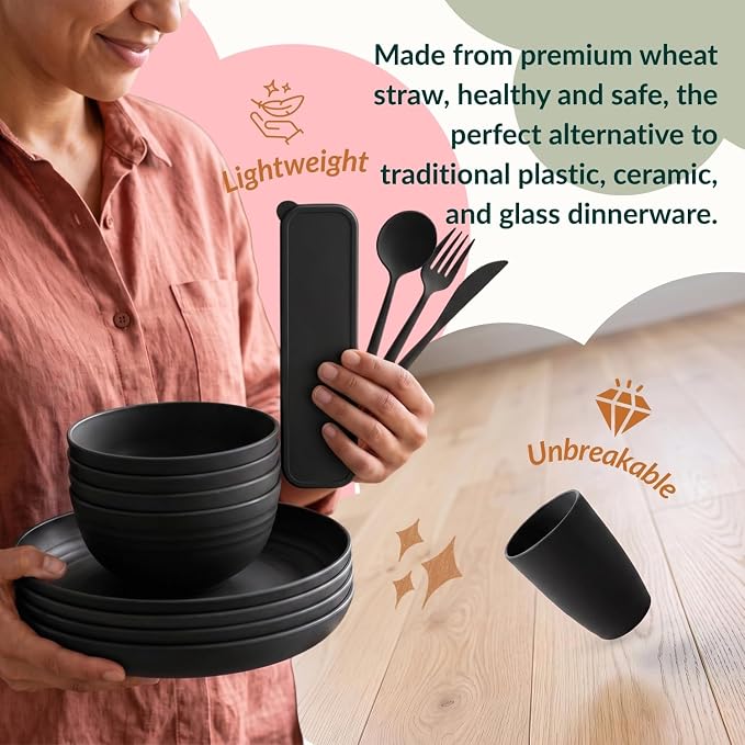 28 PCS Unbreakable Plates and Bowls Set Wheat Straw Dinnerware Sets Microwave & Dishwasher Safe Lightweight Camping Dishes Set for 4 - Dinner Plates, Plastic Bowls, Kitchen Cups (Black)