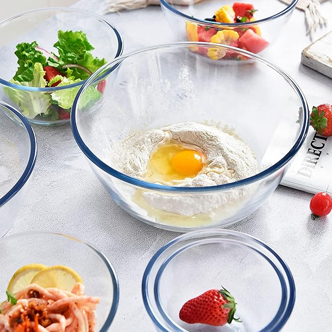 KOMUEE 4 Pack Glass Mixing Bowls Set with Lids (4.8QT, 2.9QT, 1.7QT, 0.8QT) | Glass Nesting Bowls for Kitchen Baking, Cooking and Serving, Oven, Dishwasher, Freezer, and Microwave Safe