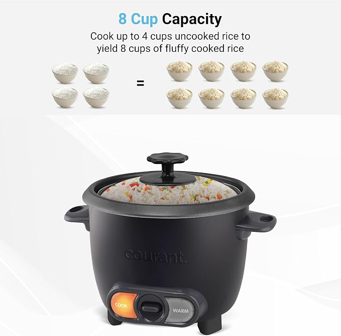 Courant Rice Cooker 8-Cup (Cooked), Removable Non-Stick Bowl, One Touch Rice Cooker, Black