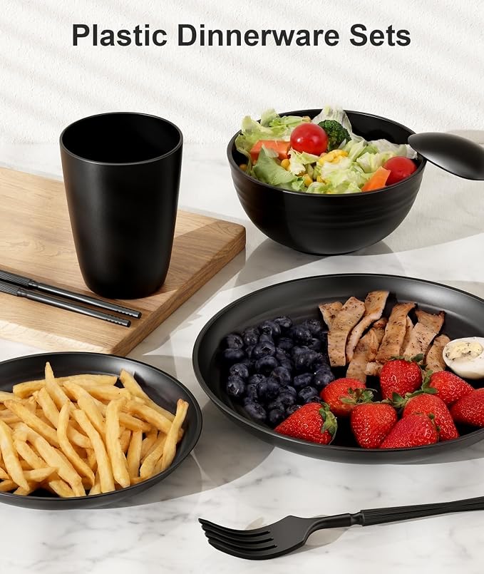 Quatish 64 Piece Plates and Bowls Sets for 8, Unbreakable Dinnerware Sets, Plastic Dish Set for Camping, Dishwasher Microwave Safe, Outdoor Kitchen and Apartment Dinning RV Essentials, Black