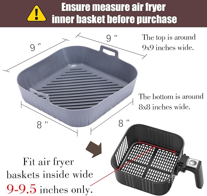 Golden Associate Silicone Liners Square for Air Fryer, 4 Pcs Non-stick Food-grade Reusable Basket Silicone Pot Baking Tray Airfryer Accessories, Top Size 9 inches, Bottom Size 8 inches