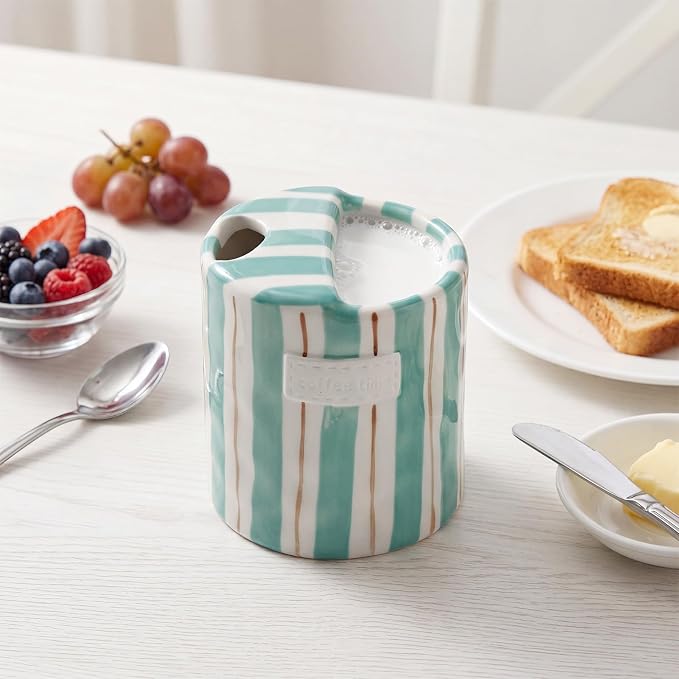 1 Pack Ceramic Mug with Sip Hole, Simple, Blue and Brown | 10oz Ceramic Coffee Cup with Straws, Retro Hand Painted Striped, for Iced Coffee Tea Latte Espresso, Kitchen Dining Travel