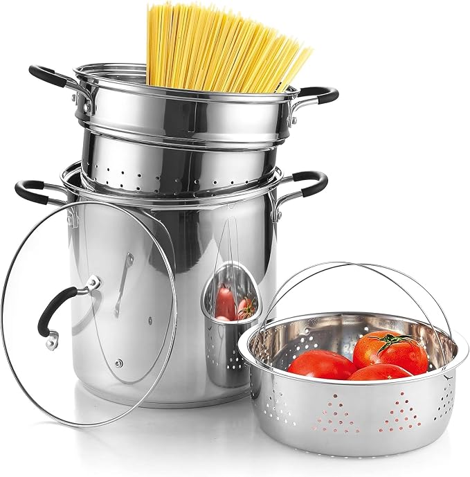 Cook N Home 12 Quart Stainless Steel Pasta Pot with Strainer Insert 3-in-1 | Steamer Basket, Pasta Strainer, Stockpot with Lid - Pasta Cooker Induction Compatible, Dishwasher & Oven Safe