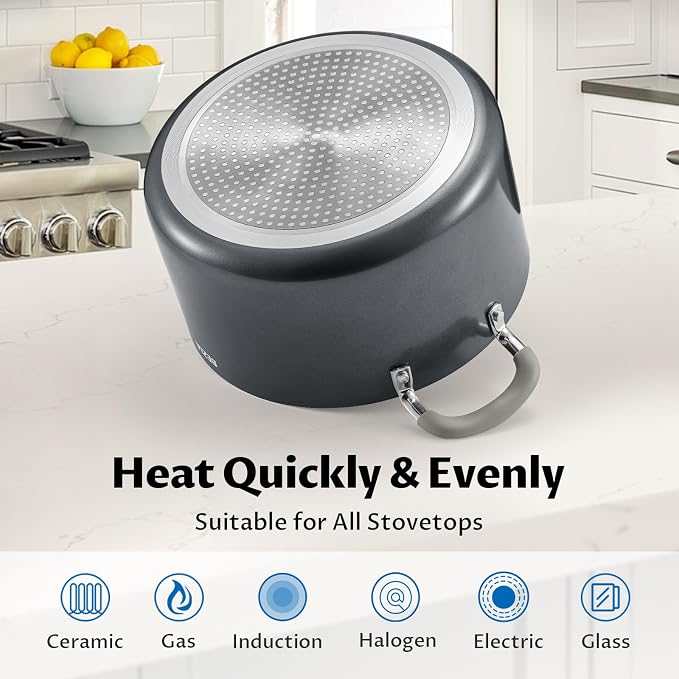 BEZIA 6 Quart Ceramic Non Stick Stock Pot with Strainer Lid & Pour Spout | PFAS-Free Pasta Pot for Easy Straining, Oven Safe Induction Cooking Pot with Stay-Cool Silicone Handles for Soup, Chili, Stew