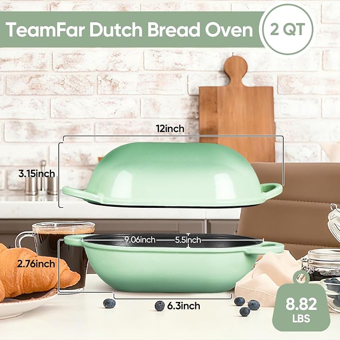 TeamFar Enameled Cast Iron Bread Loaf Pan, 2 QT Oval Dutch Oven with Lid | for Sourdough Bread Baking, Enameled Meatloaf Loaf Baking Pan with Lid, Even Heating & Self-Basting, Pistachio Green