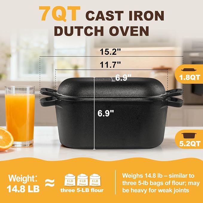 7QT Oval Dutch Oven for Sourdough Bread Baking, Pre-Seasoned Cast Iron Bread Pan with Lid, Even Heat Distribution for Homemade Bread