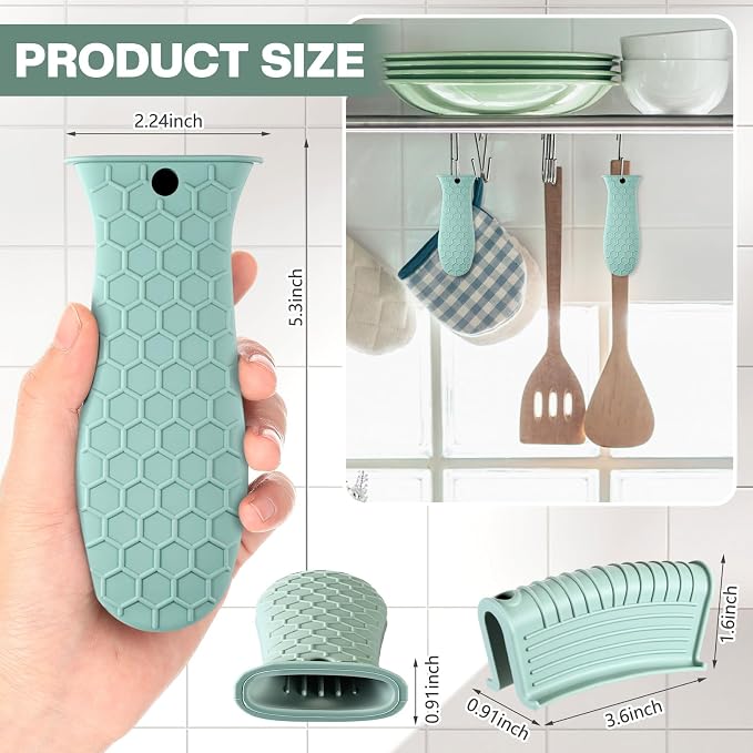 Patelai 8 Pcs Silicone Pot Holders Cast Iron Handle Cover Heat Resistant Pot Handle Covers Potholder Non Slip Reusable Pan Sleeve for Frying Pan Kitchen Supplies(Mint Green)