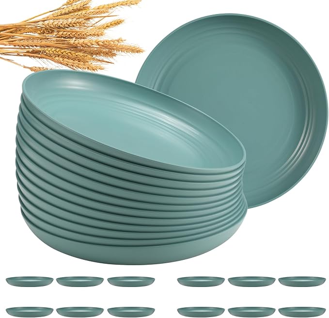 HEYCOME 12 Pcs Unbreakable Deep Dinner Plates Set, 10 inch Reusable Plastic Wheat Straw Plates, Microwave and Dishwasher Safe Plate for Kitchen, Lightweight Plate for Dessert, BPA Free, Dark Green