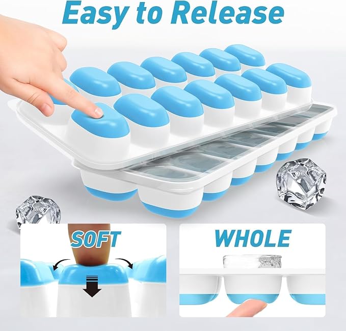 ChefAide Ice Cube Tray with Lid and Bin, 3 Packs 42 Cubes Silicone Plastic Ice Cube Trays for Freezer, Stackable Ice Tray with Container, Ice Scoop for Drinks, Coffee and Cocktails