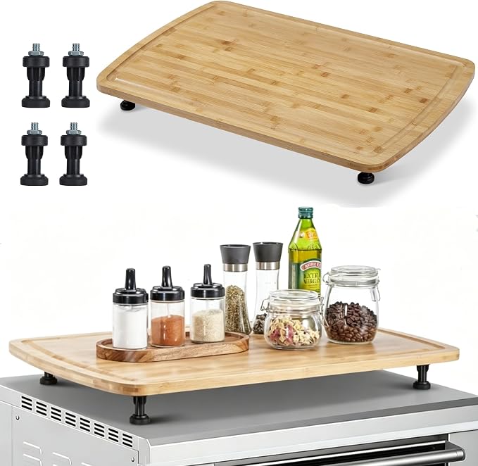 Garvee Bamboo Noodle Board Stove Cover 30x20 in, Wood Stove Top Cover Cutting Board with Adjustable Legs & Juice Grooves, RV Sink Cover Butcher Block for Small Spaces Apartments, Natural
