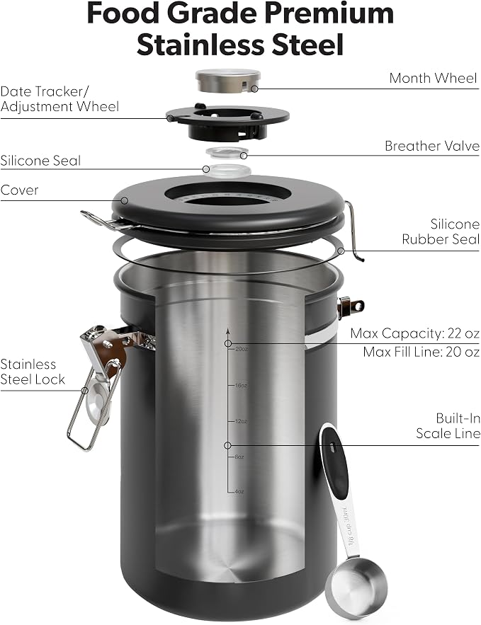 Veken Coffee Canister with Window, Airtight Stainless Steel Container, 22OZ | Kitchen Food Storage Pantry Organizers for Beans,Ground,Espresso,Rice,Tea,Sugar,Bar Accessories,Gifts,Lids,Jars, Scoop, Black