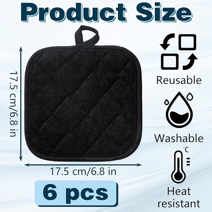 6pcs Pot Holders for Kitchen, Cotton Kitchen Hot Pads, Heat Resistant Oven Mitts and Pot Holders Sets (Black,6)