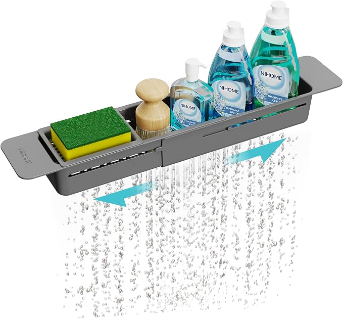NiHome Extendable Kitchen Sink Caddy Extra Long Brush Sponge Storage Holder | Expandable Kitchen In Sink Organizer Extra Long for Brush Sponge with Drainage, Adjustable Length Non-Slip Pads (Dark Gray)