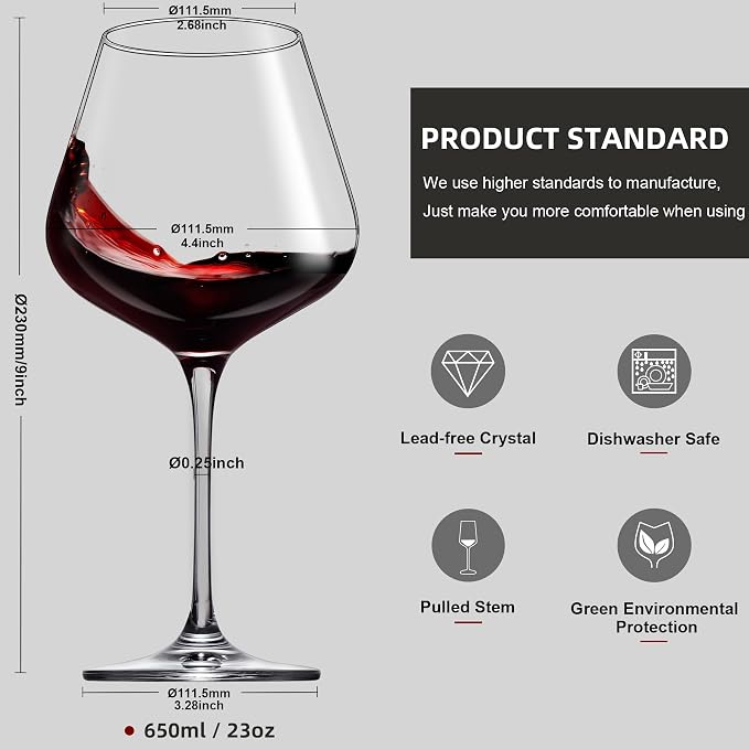 coccot Red Wine Glasses Set of 4, Hand Blown Italian Style Crystal Burgundy Wine Glasses, Lead-Free Premium Clear Glass [23 oz/650ml，4 Pack ]
