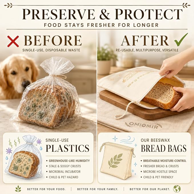 2 Pack XL Beeswax Bread Bags, Wide Zipper Reusable Sourdough Loaf Storage | Natural beeswax & cotton-flax blend. Zipper-seal keeps artisan bakes & produce fresher for longer. Fridge & freezer ready