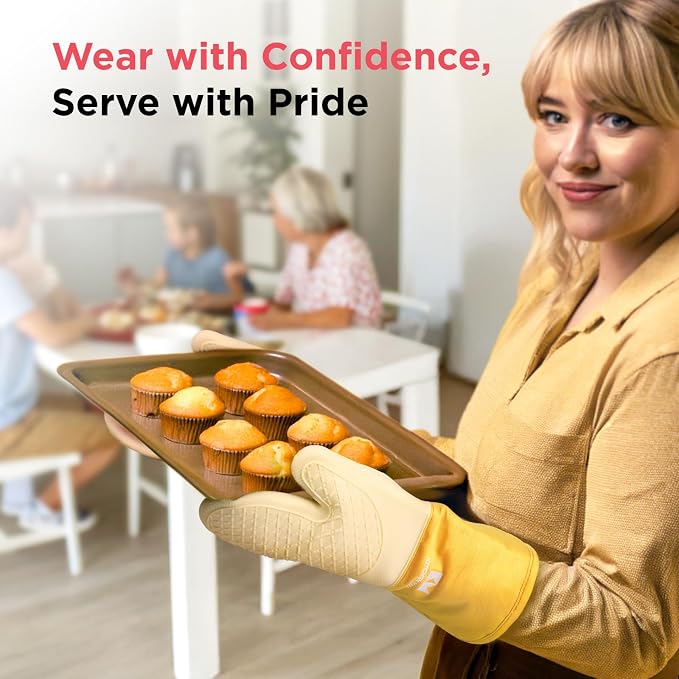 Kitchen Mama UltraShield Silicone Oven Mitts, Yellow | Heat Resistant, Non-Slip Surface, Waterproof, Flexible, Durable