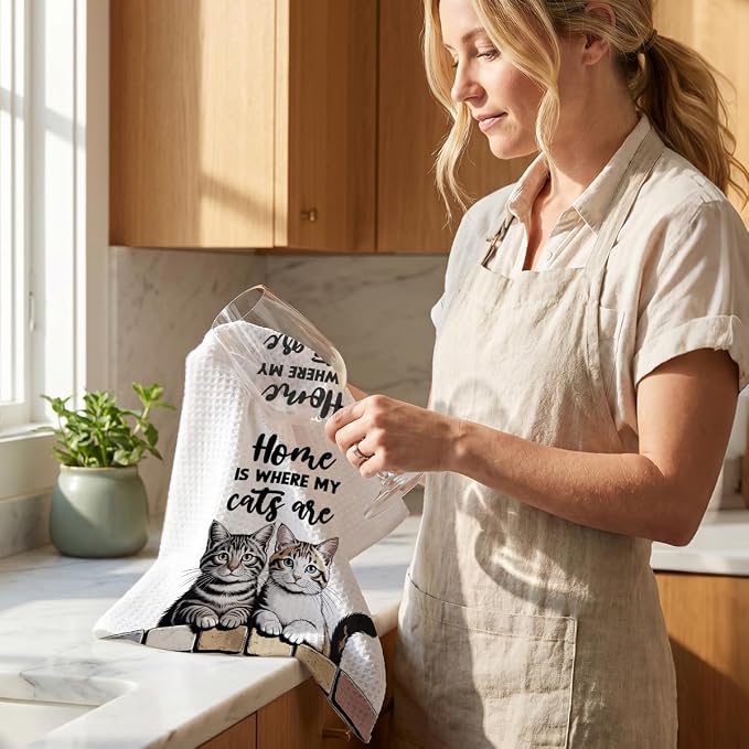 4 Pcs Cute Cat Kitchen Towels 24x14 Inch, Cats Gifts Absorbent Hand Towels | Cat Lover Gifts for Women Mom Microfiber Dish Cloths for Drying Dishes, Waffle Dish Towels for Kitchen Home Decor