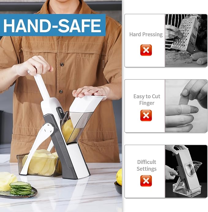 Safe Mandoline Slicer for Kitchen, Vegetable & Food Cutter (Only Slice) | Thickness Adjustable 0.1-8 mm, Potato Slicer for Chips, Easy to Clean, Storage, Kitchen Faster Slice, Dishwasher-safe (Grey)