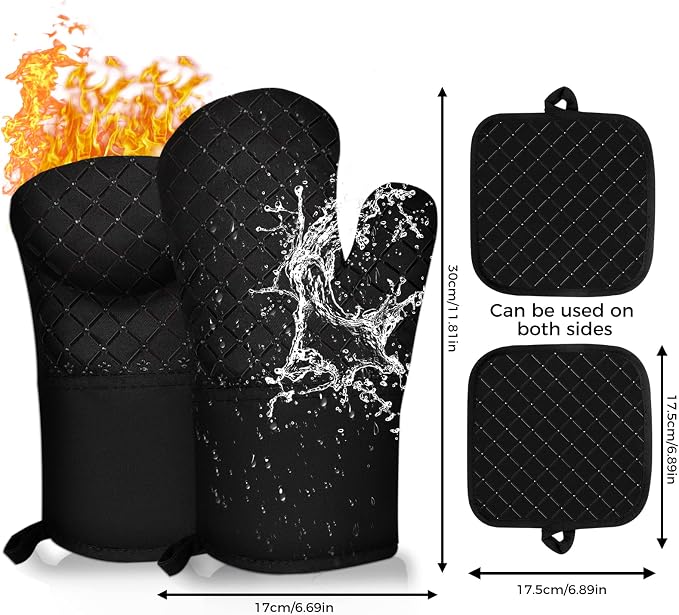 4PCS Oven Mitts and Pot Holders Sets 500°F Pot Holders for Kitchen Heat Resistant Oven Gloves Anti-Slip Silicone Stripe Oven Mitts Heat Resistant Hot Pads Oven Mits Potholders for Kitchens (Black)