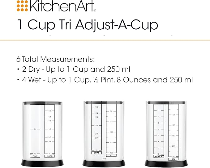 KitchenArt Pro Adjustable Measuring Set, TBL, TSP & 1 Cup Measuring Cup | Adjustable Teaspoon, Tablespoon & Measuring Cup Set | All In One Kitchen Measuring Set | Reduce Clutter | Easy Read Markings