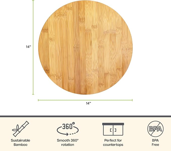 TB Home 14 Inch Bamboo Lazy Susan Turntable for Kitchen & Table Top | Keep spices, sauces, condiments, and seasonings within reach. Sized for kitchen cabinets, pantries, counters, and table tops.