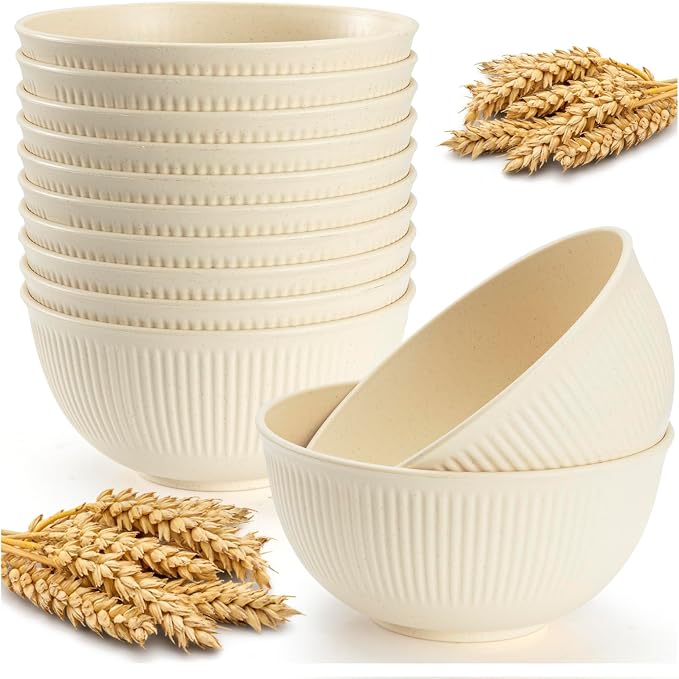 12PCS Unbreakable Cereal Bowls 24 oz, Plastic Reusable Light Weight Bowl, Set of 12, Lightweight Bowls Made of Wheat Straw Fiber Ideal for Salad, Soup, Ramen, Noodles, Oatmeal
