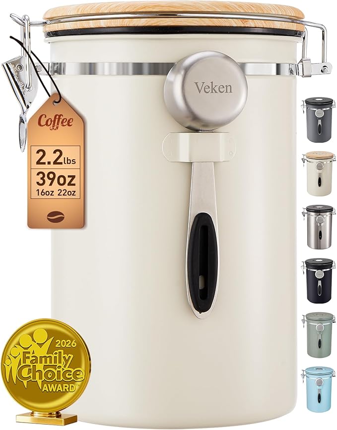 Veken Coffee Canister,39OZ, 2.2lbs,Large Airtight Stainless Steel Container | Gifts, Kitchen Food Storage Jars for Beans, Ground, Espresso, Rice, Tea, Sugar, Cereal, Cookie, Lids,Scoop,Cream